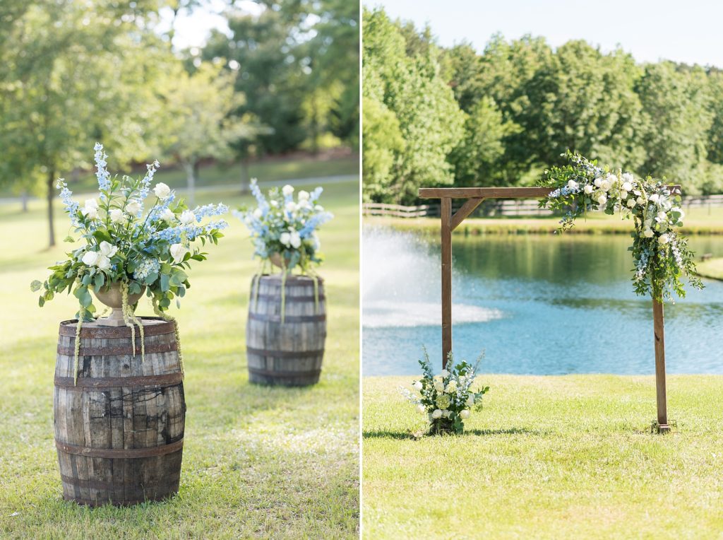 Ceremony decor - wine barrel and florals | Raleigh NC Wedding photographer