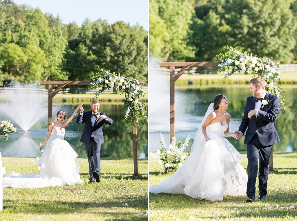bride and groom walking down the aisle laughing | Raleigh NC Wedding photographer