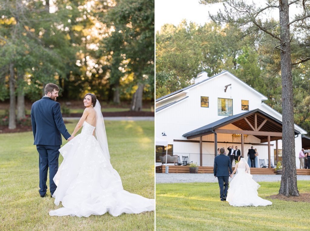 bride and groom in front. of venue | Raleigh NC Wedding photographer