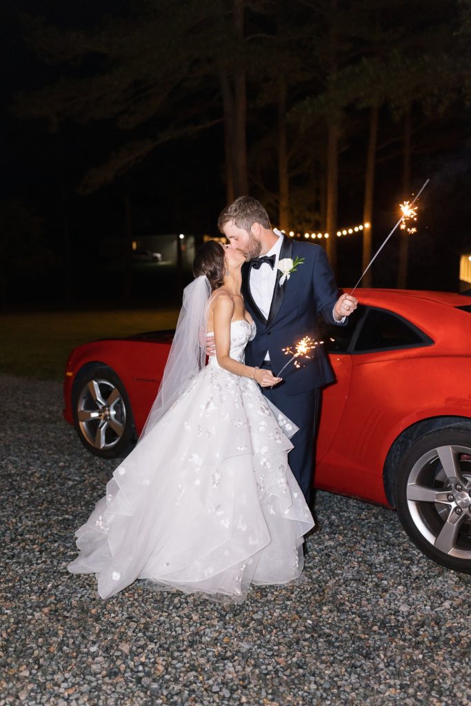 Bride and groom kissing with sparklers | Raleigh NC Wedding photographer