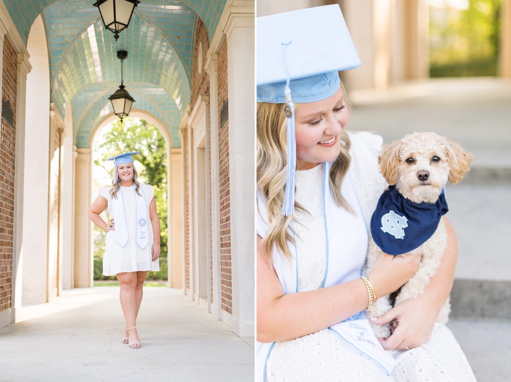 Grad with her dog wearing UNC bandana | Raleigh NC Photographer - Sarah Hinckley Photography