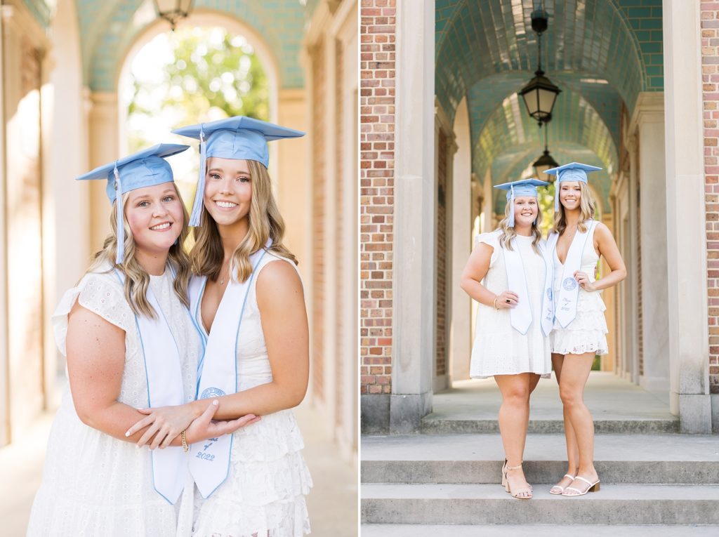 UNC Graduate best friends wearing white with cap and sash | Raleigh NC Photographer - Sarah Hinckley Photography