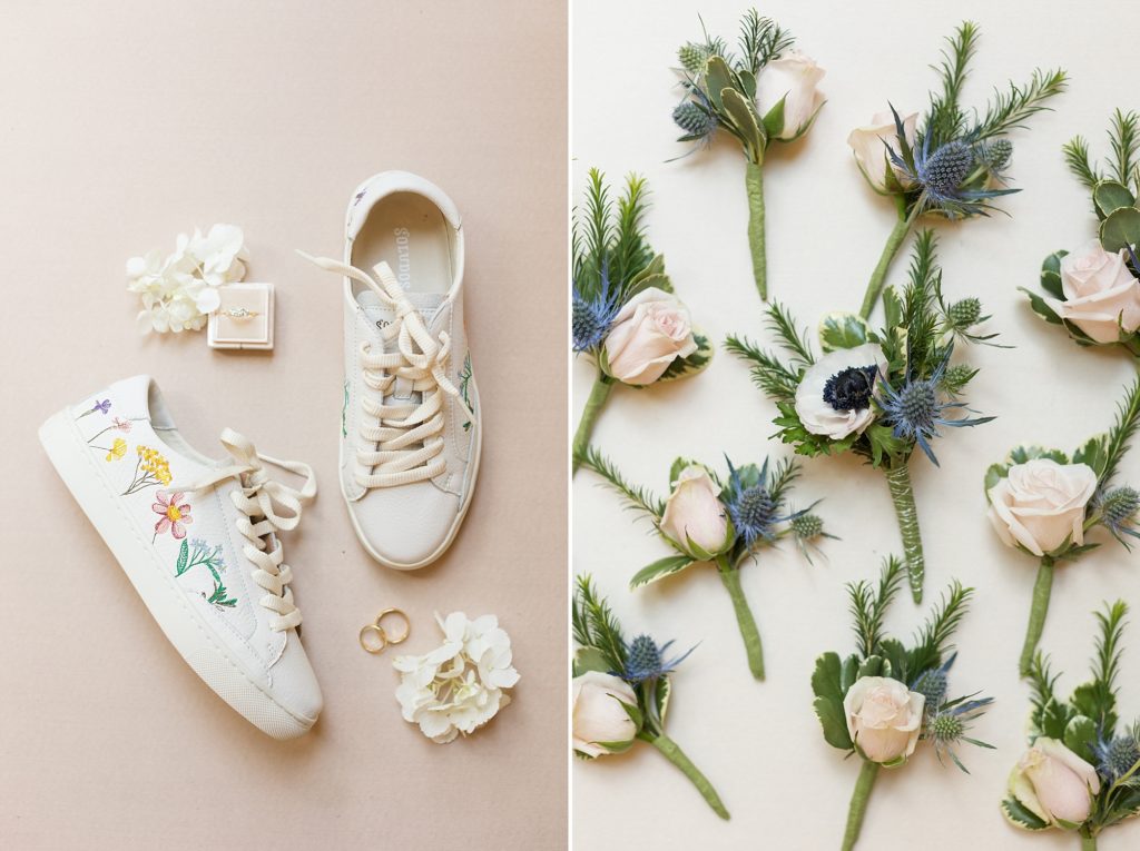 The bride changed into fun comfortable shoes with embroidered flowers for the reception | Carolina Grove | Raleigh NC Wedding Photographer | Sarah Hinckley Photography
