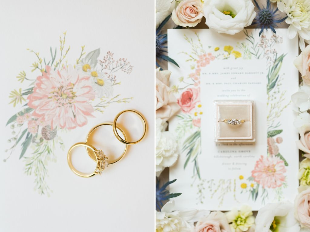 Wedding details with pink florals and gold rings | Carolina Grove | Raleigh NC Wedding Photographer | Sarah Hinckley Photography