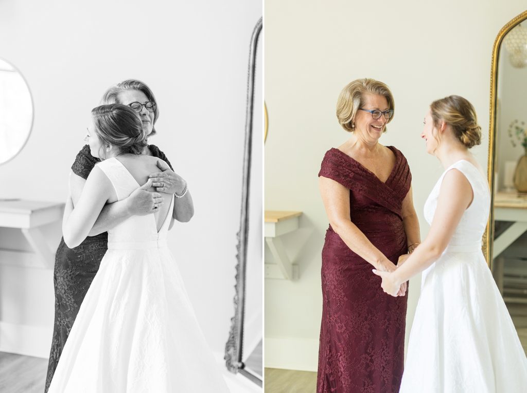 The mother of the bride hugs her daughter after seeing her in her wedding dress  | Carolina Grove | Raleigh NC Wedding Photographer | Sarah Hinckley Photography