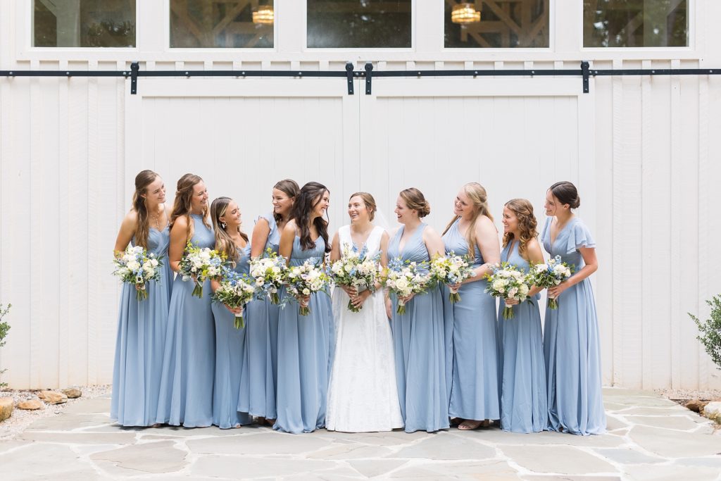 Bridal party photos with dusty blue dresses  | Carolina Grove | Raleigh NC Wedding Photographer | Sarah Hinckley Photography