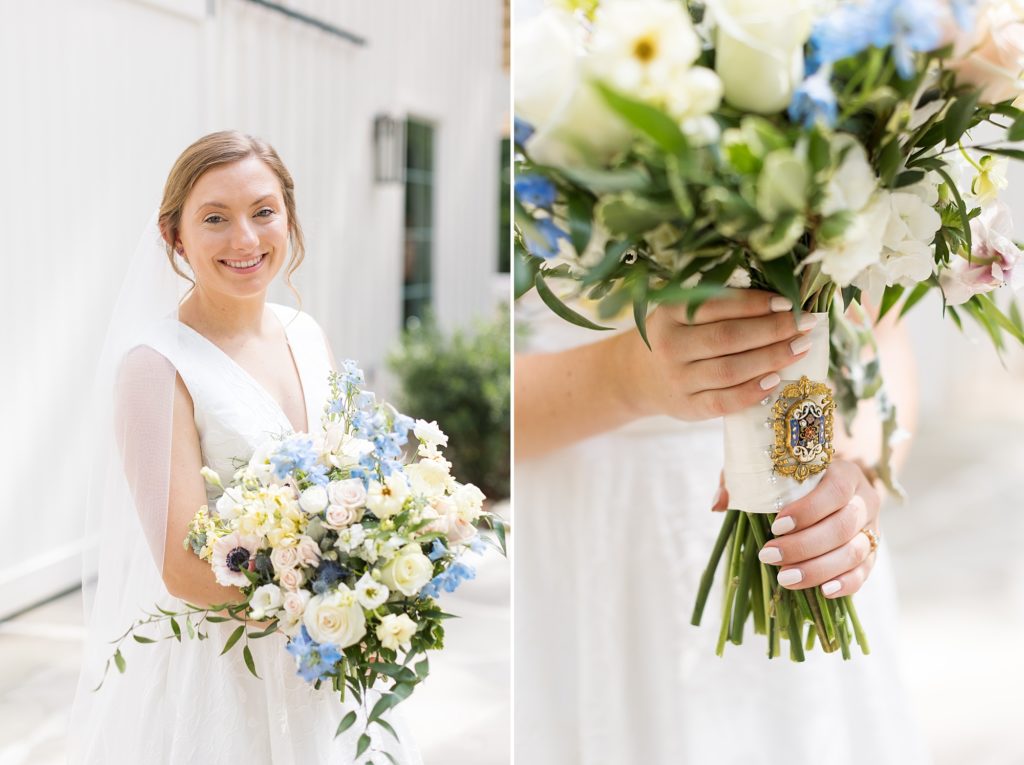 The bride carried an heirloom broach from the 1800s on her bridal bouquet  | Carolina Grove | Raleigh NC Wedding Photographer | Sarah Hinckley Photography