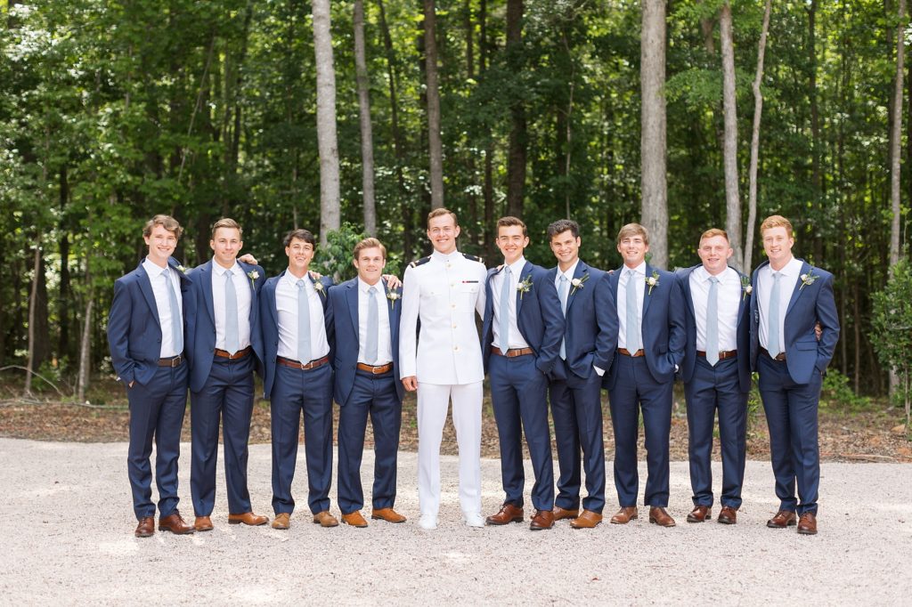 Groomsmen photos with blue suits and marine dress whites | Carolina Grove | Raleigh NC Wedding Photographer | Sarah Hinckley Photography