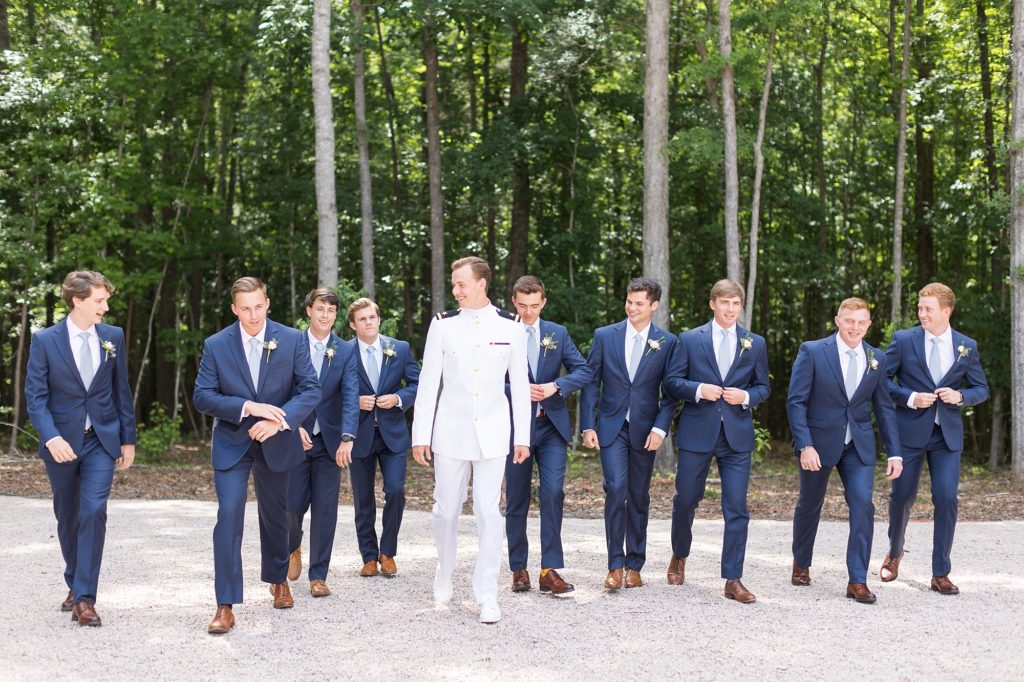 Groomsmen photos with blue suits and marine dress whites | Carolina Grove | Raleigh NC Wedding Photographer | Sarah Hinckley Photography