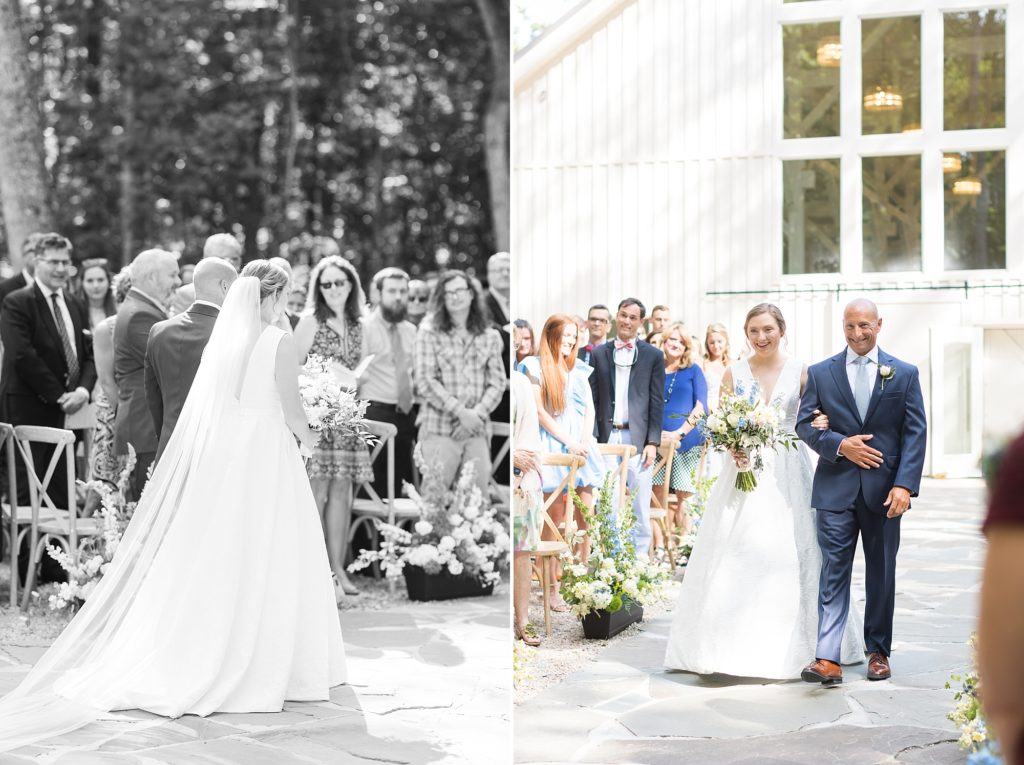 The bride walks down the aisle in black and white | Carolina Grove | Raleigh NC Wedding Photographer | Sarah Hinckley Photography