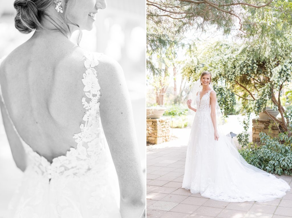 bride wearing open back lace dress for Bridal portraits at JC Raulston Arboretum | Raleigh wedding & bridal portrait photography