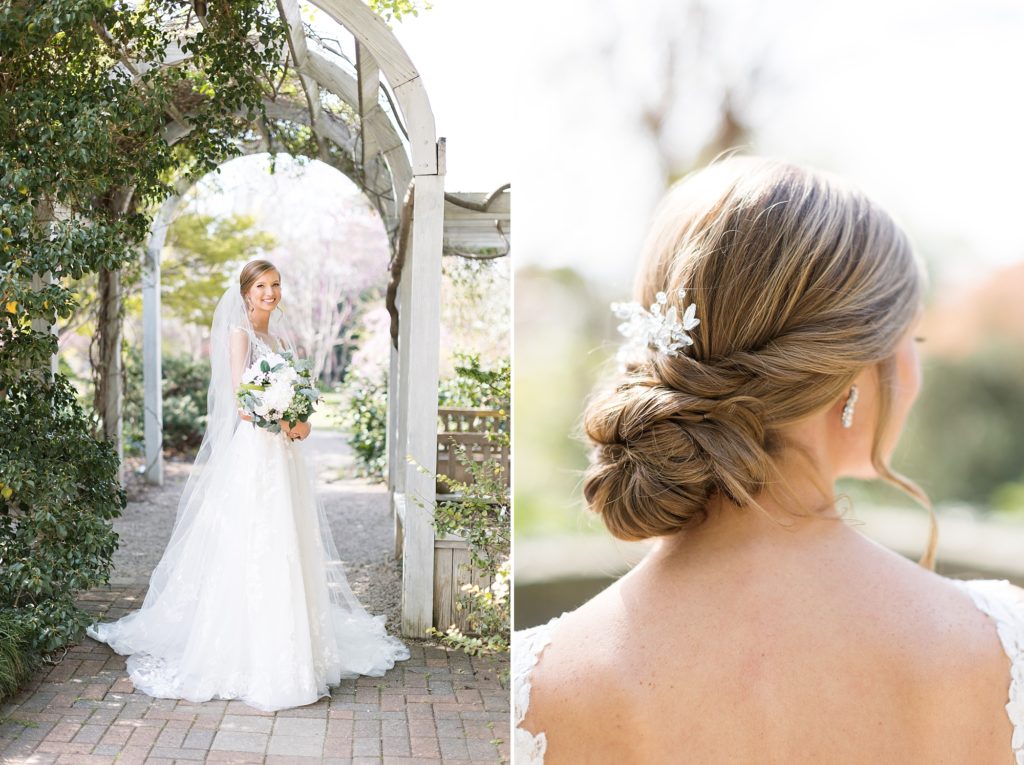 bride under garden arch and close up of low bun with diamond hair pin  at JC Raulston Arboretum | Raleigh wedding & bridal portrait photography