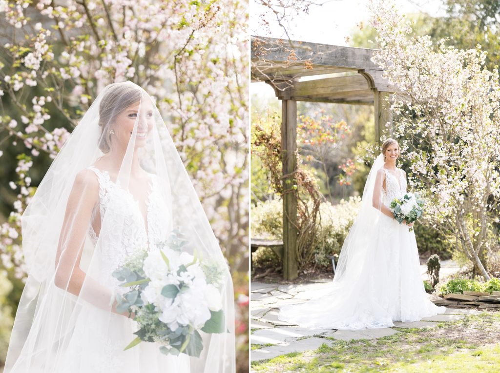 bride with veil covering and bride under wooden arch  at JC Raulston Arboretum | Raleigh wedding & bridal portrait photography