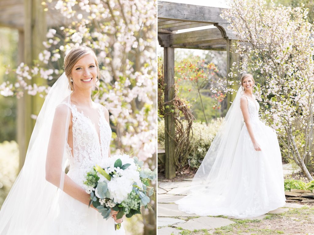bride holding her bouquet | Bridal portraits at JC Raulston Arboretum | Raleigh wedding & bridal portrait photography