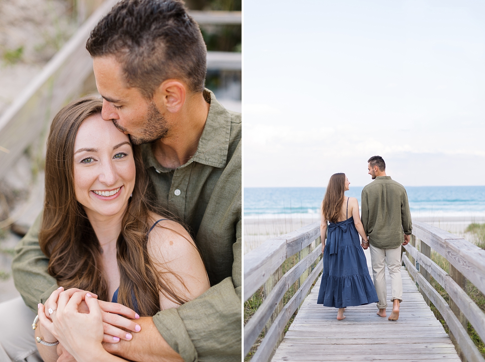 Engagement photos on the boardwalk to the beach at Topsail | Raleigh North Carolina Wedding Photographer