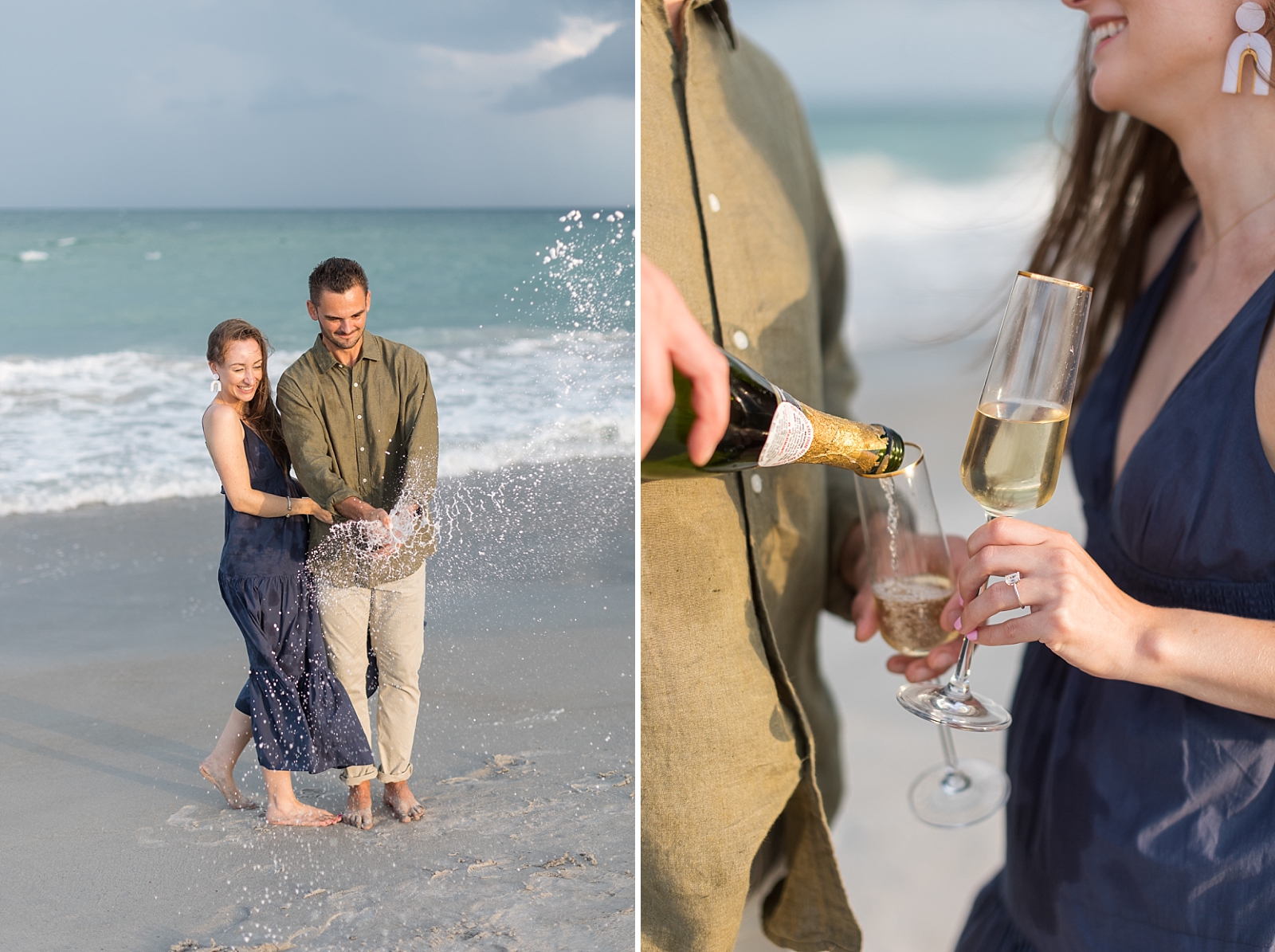 Dylan and Maddie pop a bottle on champagne on the beach together to celebrate their engagement | Raleigh North Carolina Wedding Photographer