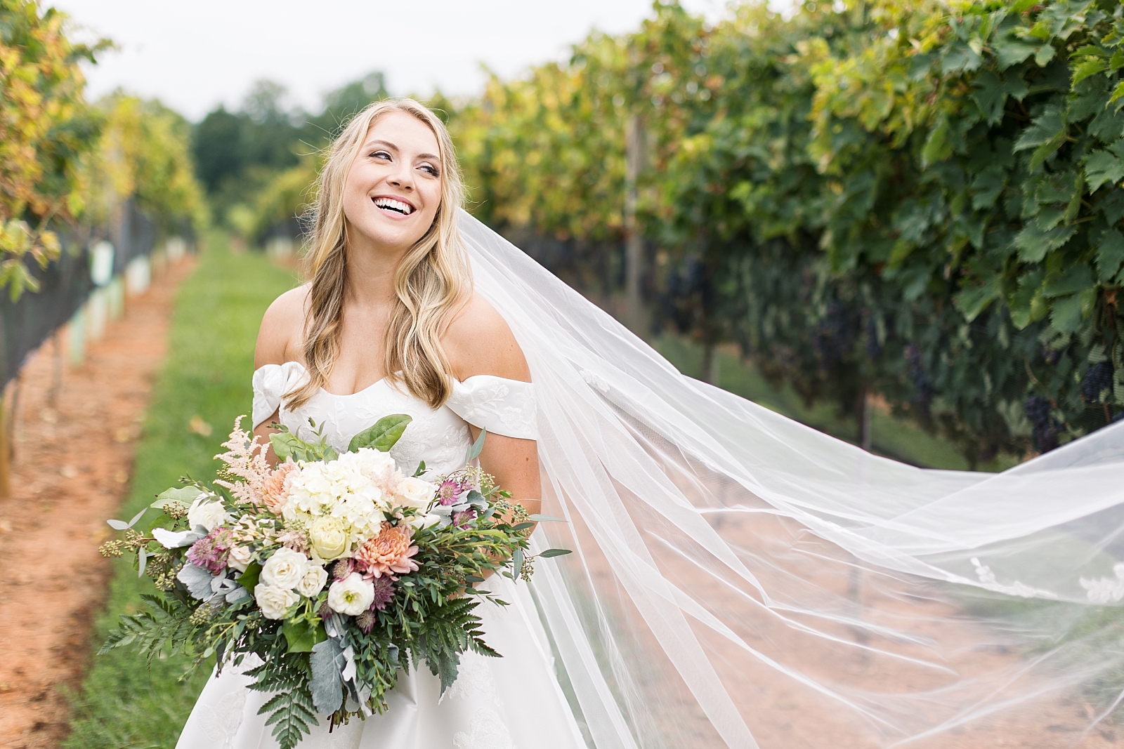 bride laughing and veil blowing in the wind Childress Vineyards   | NC Wedding Photographer | VA wedding photographer | Vineyard Weddings