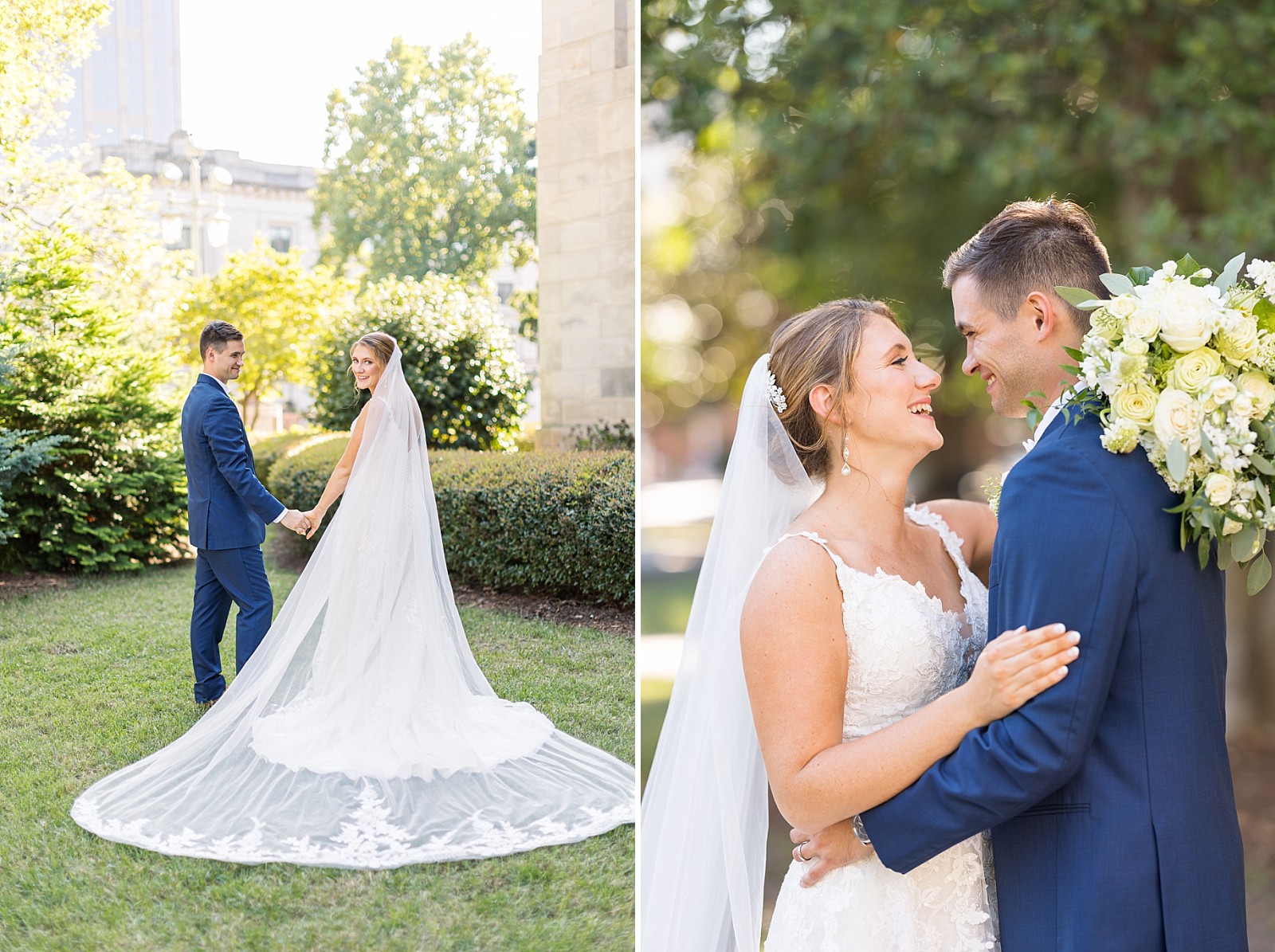 Bride and groom with bride's veil | Raleigh Wedding Photographer Sarah Hinckley