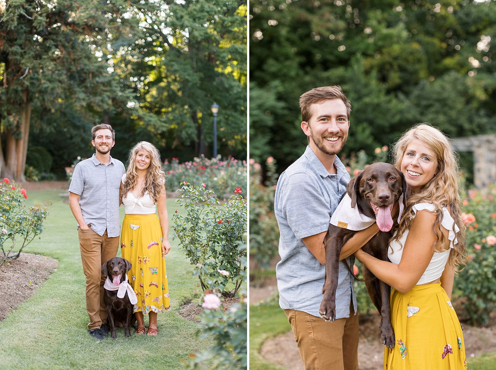 Family photo with dog wearing a bandana at Raleigh Rose Garden Anniversary Photos | Raleigh Portrait Photographer | Raleigh NC Wedding Photographer