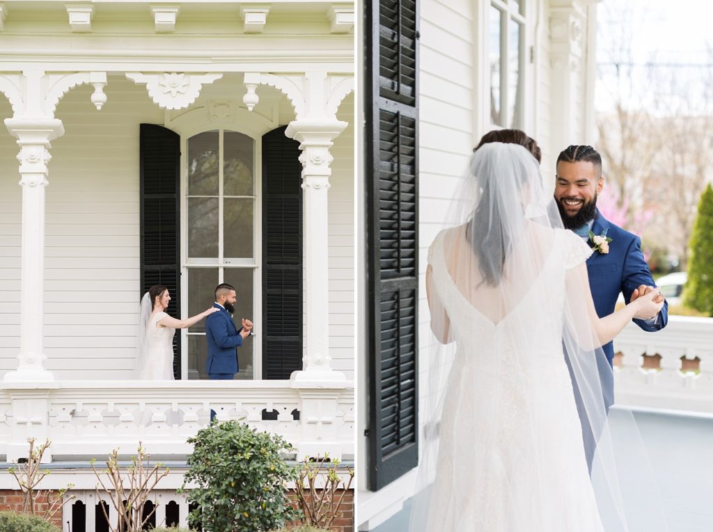 Bride and groom first look on the porch at Merrimon-Wynne in Raleigh, NC