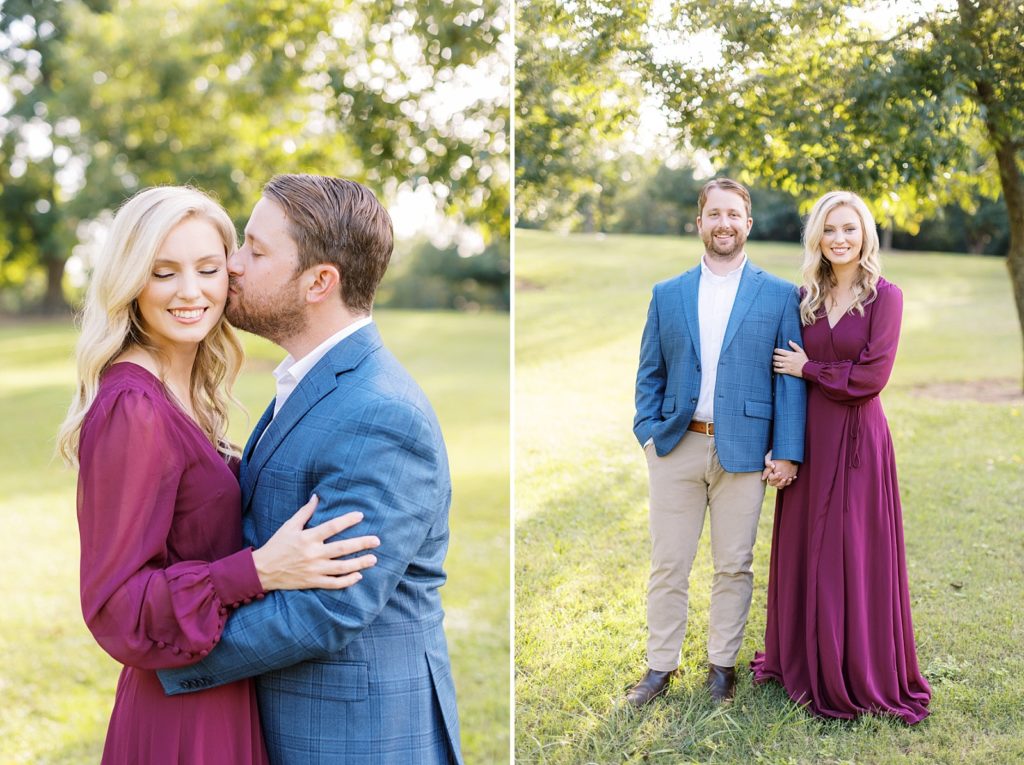Fall engagement photo outfit inspiration with a blue suit and purple dress | Raleigh NC Engagement Photographer