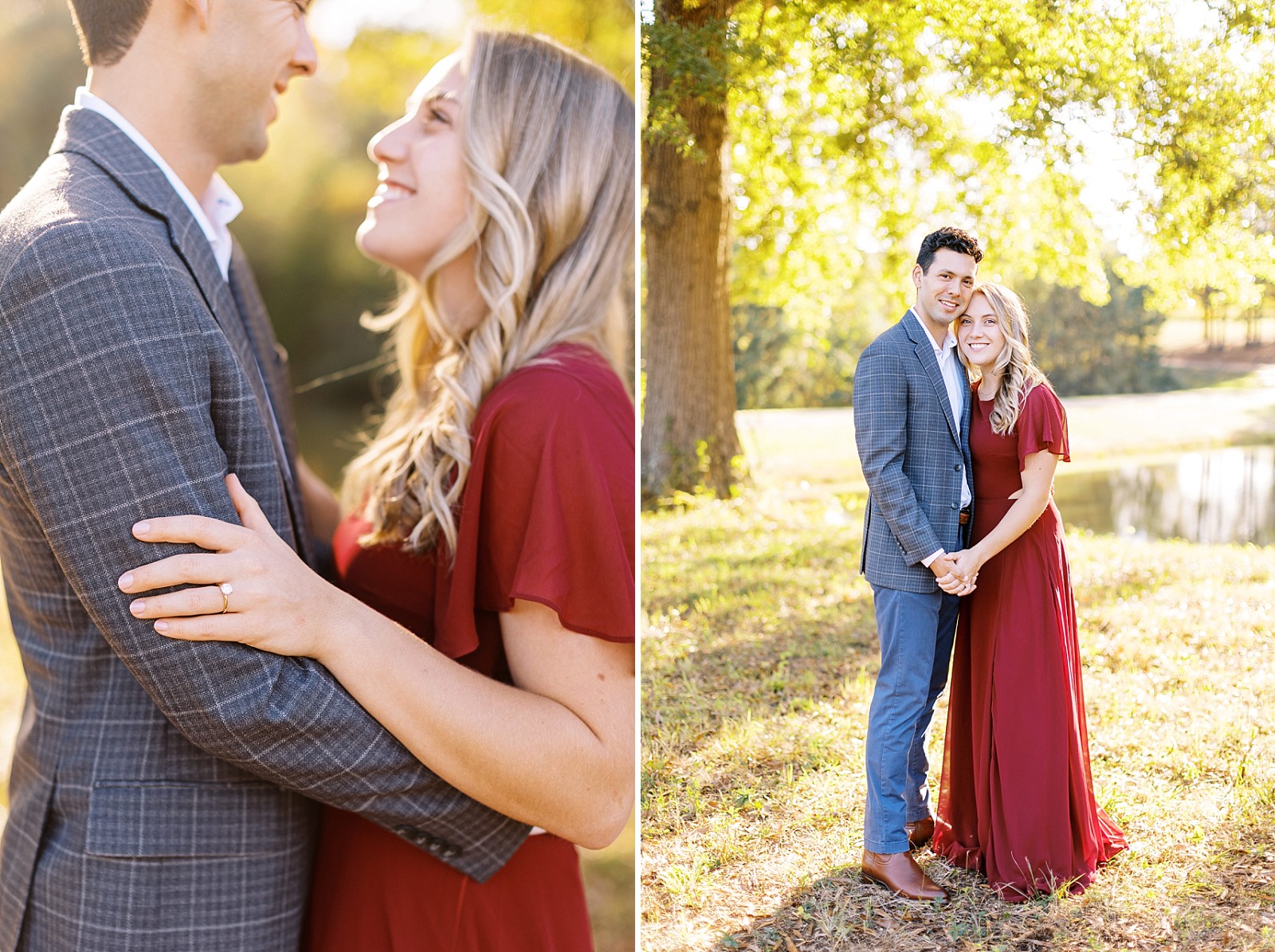 Tweed sports coat and red maxi dress for  fall engagement session | Raleigh NC wedding photographer