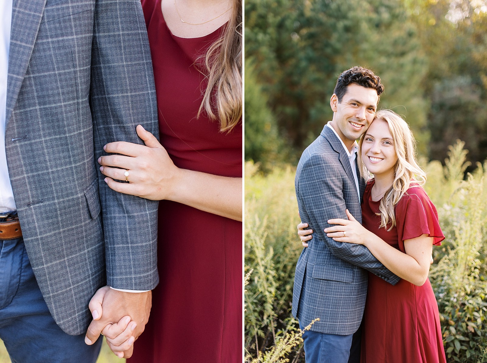 couple holding hands and close up of engagement ring | fall engagement session | Raleigh NC wedding photographer