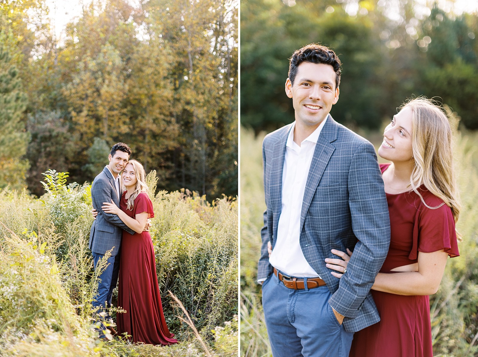 Bride to be looking at her future husband and couple in brush during Joyner Park fall engagement session | Raleigh NC wedding photographer