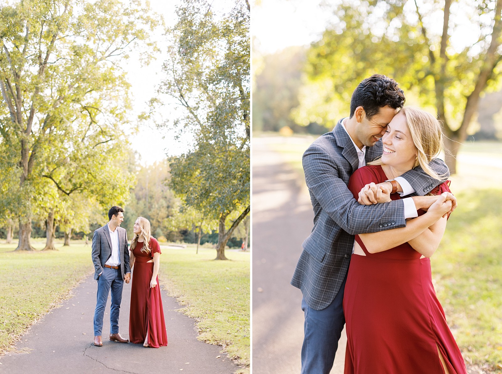 couple on path surrounded by trees at Joyner Park fall engagement session | Raleigh NC wedding photographer