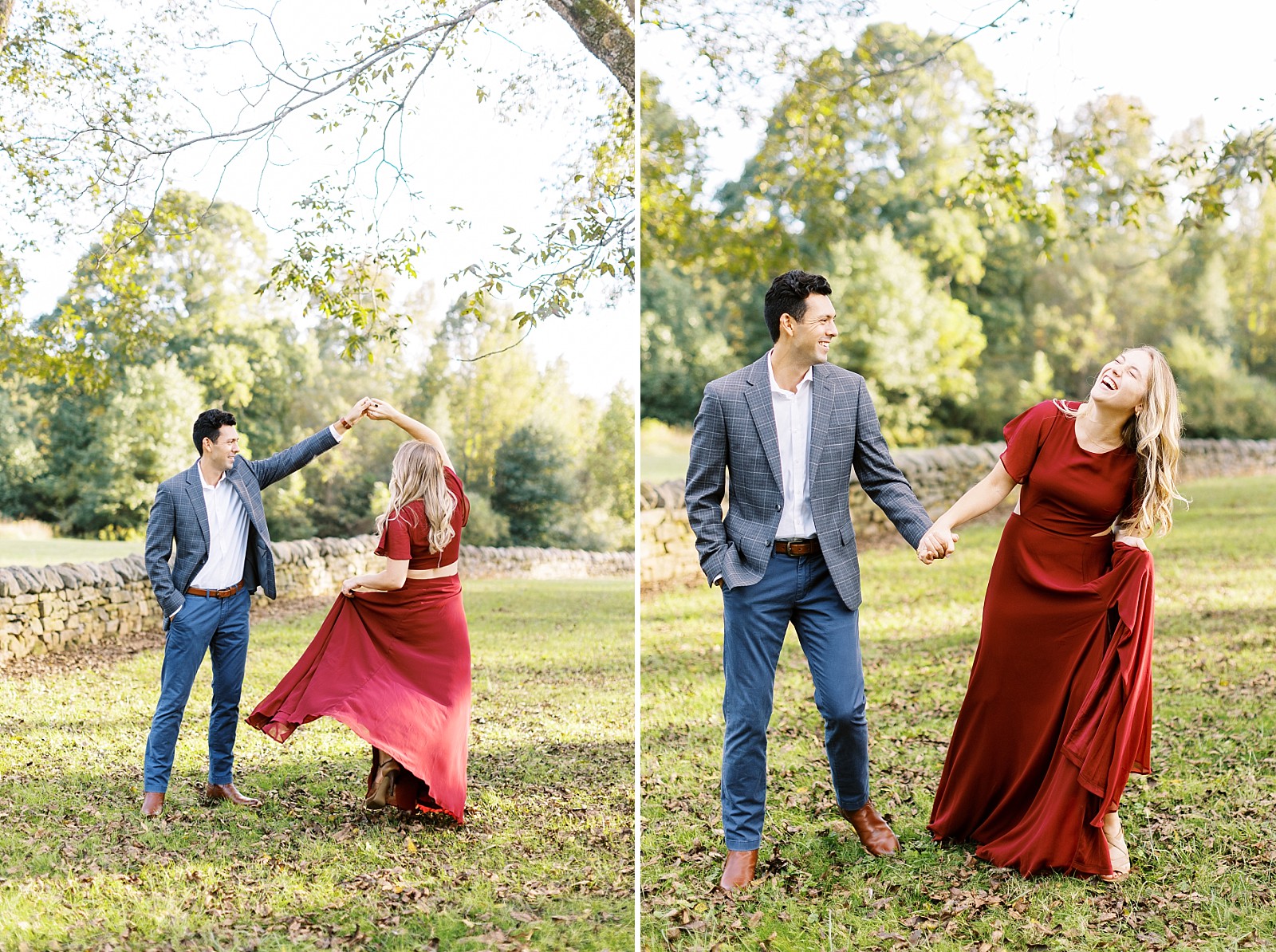 couple twirling and laughing Joyner Park fall engagement session | Raleigh NC wedding photographer