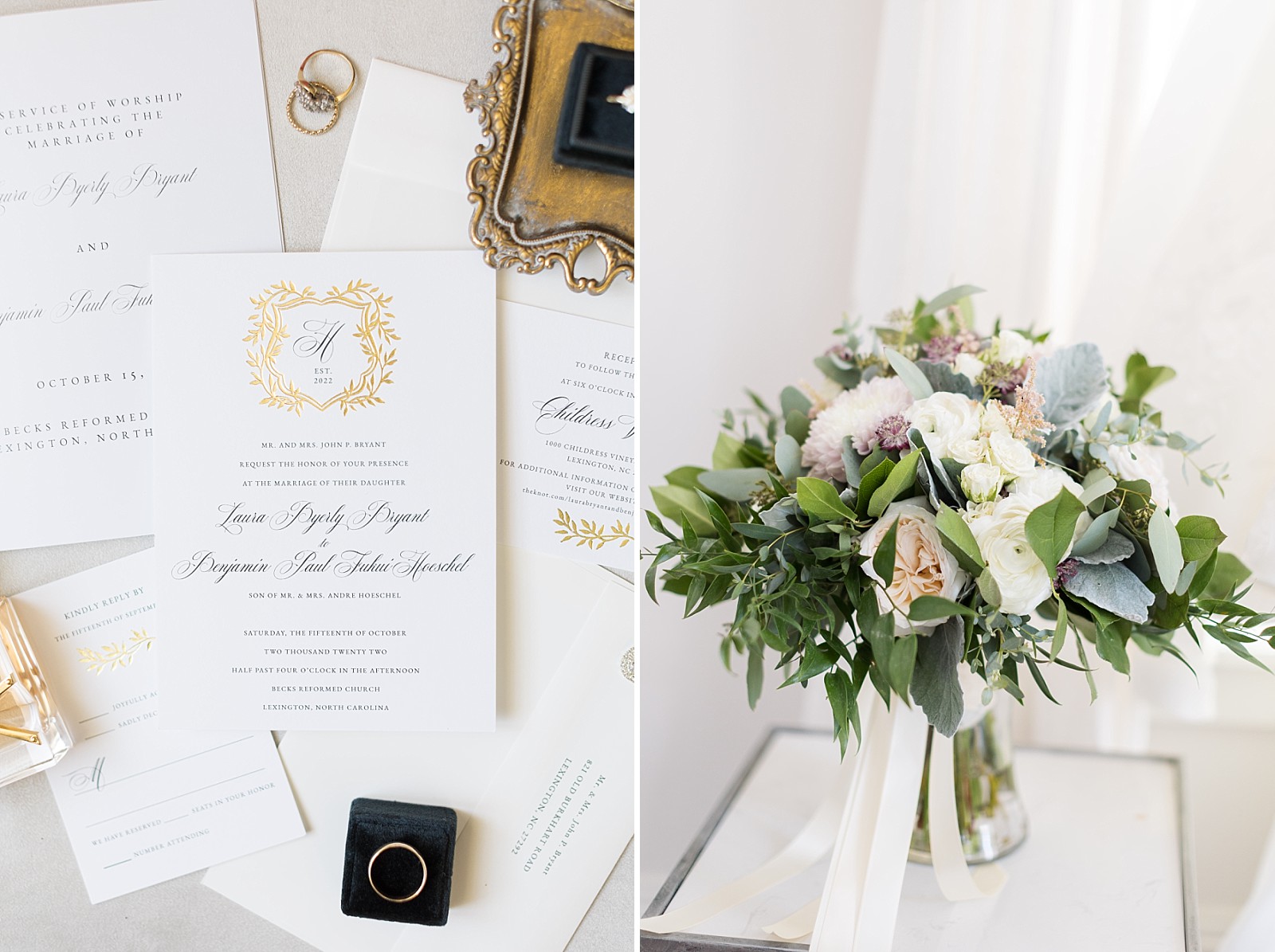 white and gold invitation suite and simple bridal bouquet | Childress Vineyards Wedding  | NC Wedding Photographer 