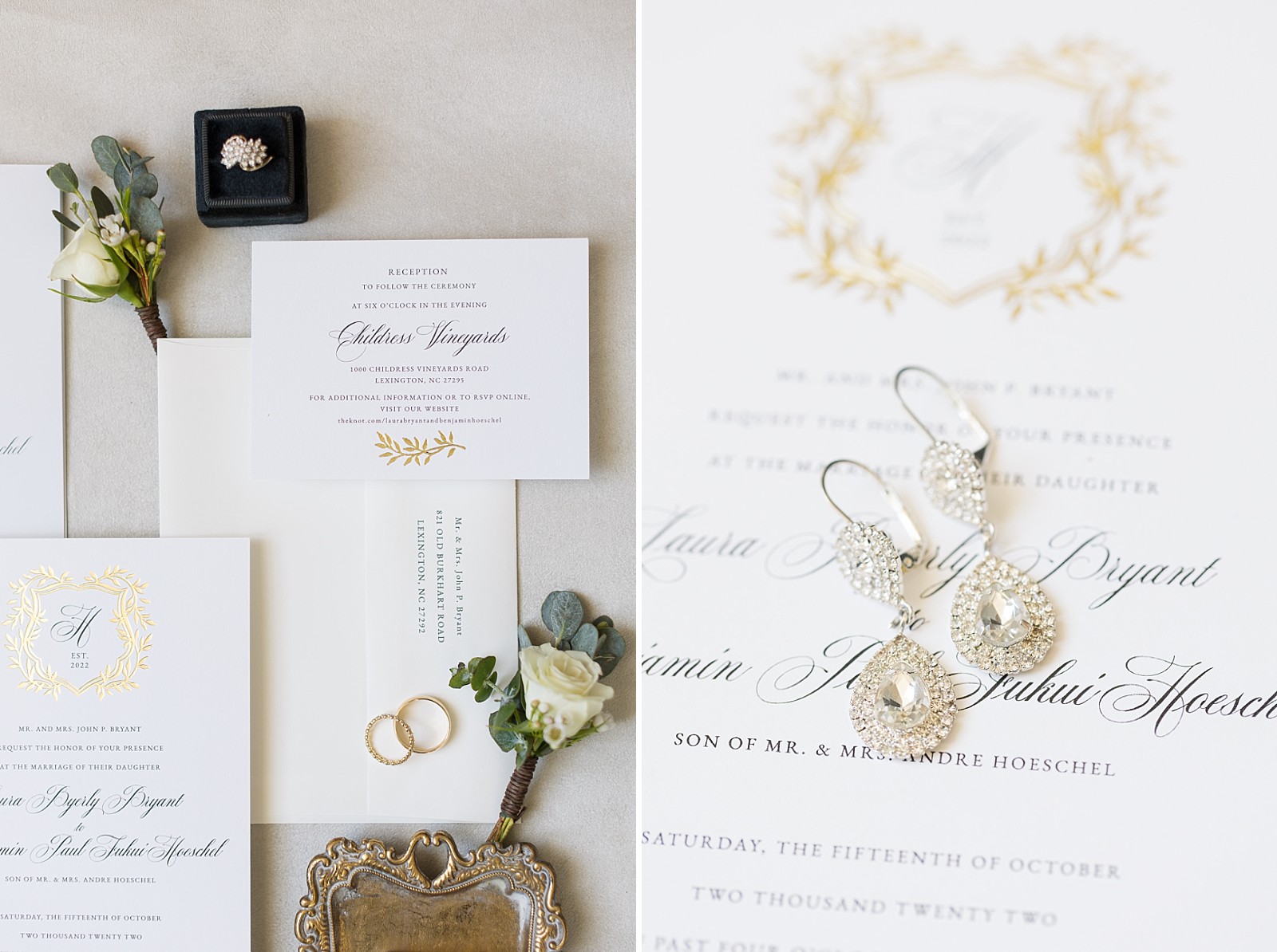 classic invitation suite and bride's diamond earrings at Childress Vineyards Wedding | Wedding Photographer | NC Wedding Photographer 