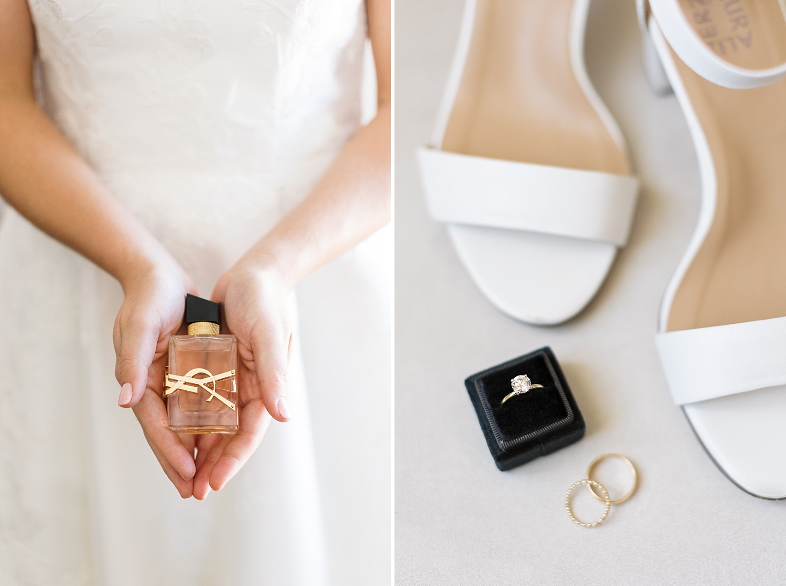 bride holding her YSL perfume and engagement ring wit wedding shoes | Childress Vineyards Wedding | Wedding Photographer | winery wedding | charlottesville | NC Wedding Photographer 