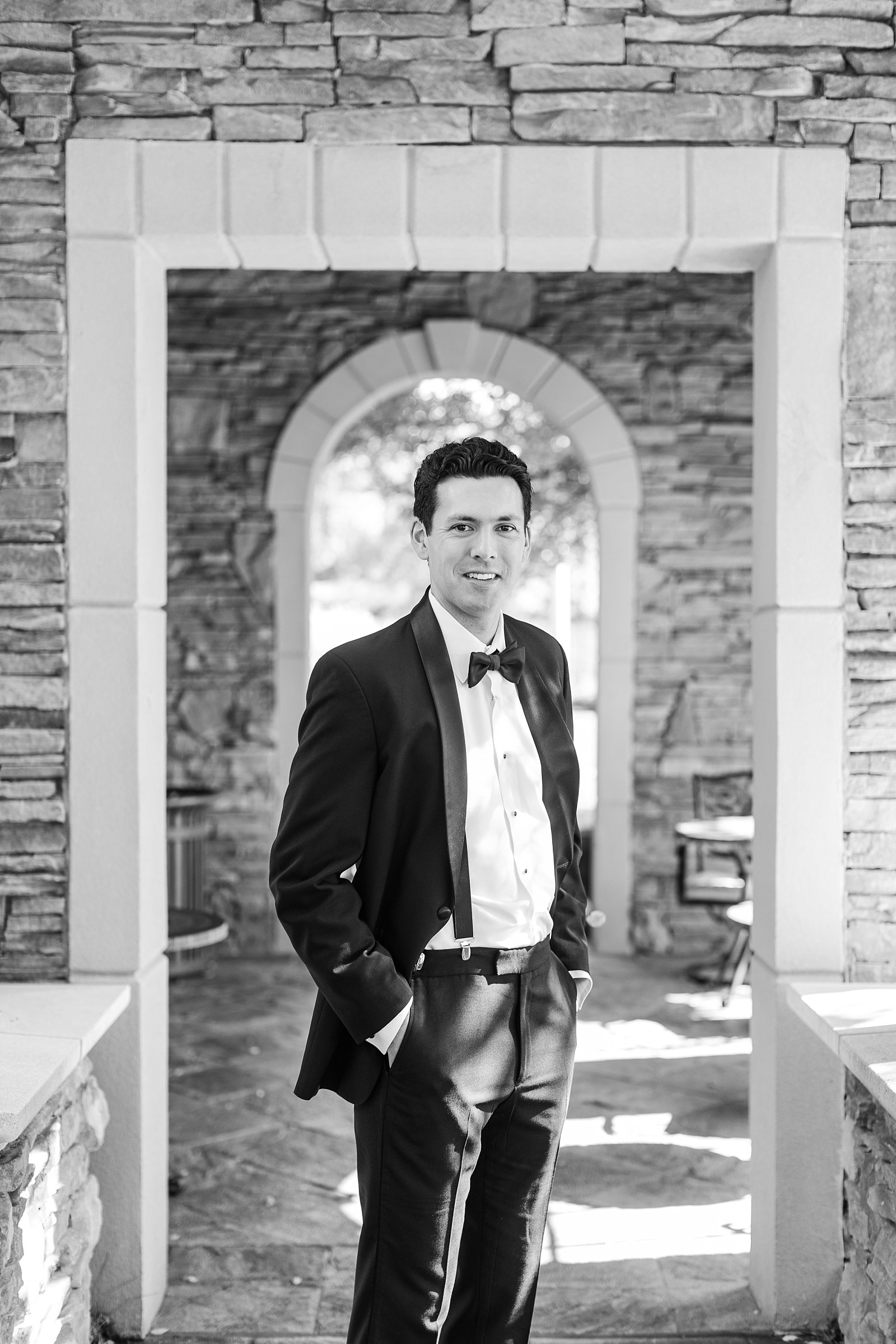 black and white photo of groom outside | Childress Vineyards Wedding | winery wedding | NC Wedding Photographer 