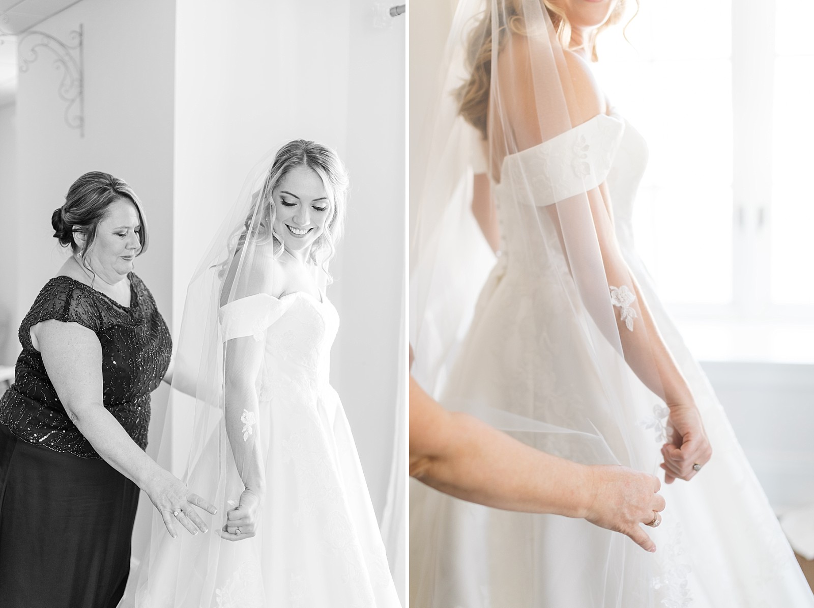 bride and her mom & mother of the bride helping bride with her veil |  | winery wedding | NC Wedding Photographer 