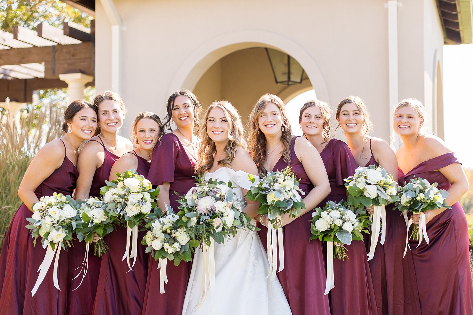 Bridesmaids and wine colored dresses | Childress Vineyards Wedding | winery wedding | charlottesville | NC Wedding Photographer 