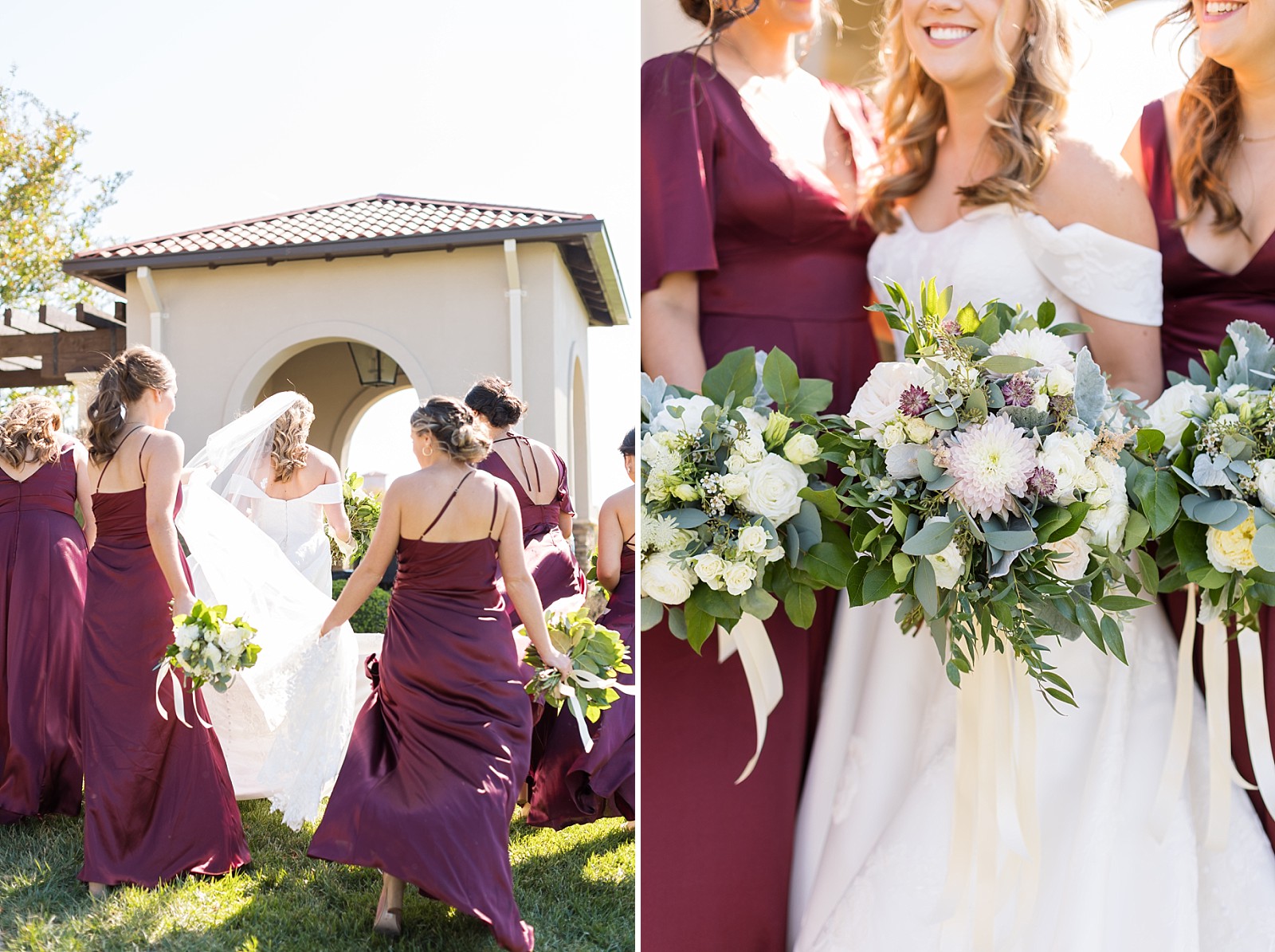 Bridal party walking and details of bridal bouquet | Childress Vineyards Wedding  | NC Wedding Photographer 