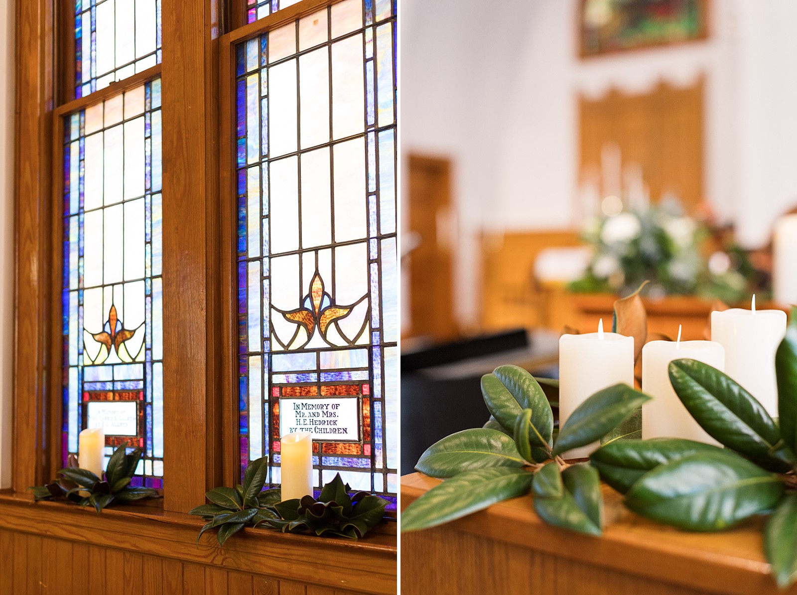 stained glass windows and candle decor| NC Wedding Photographer 