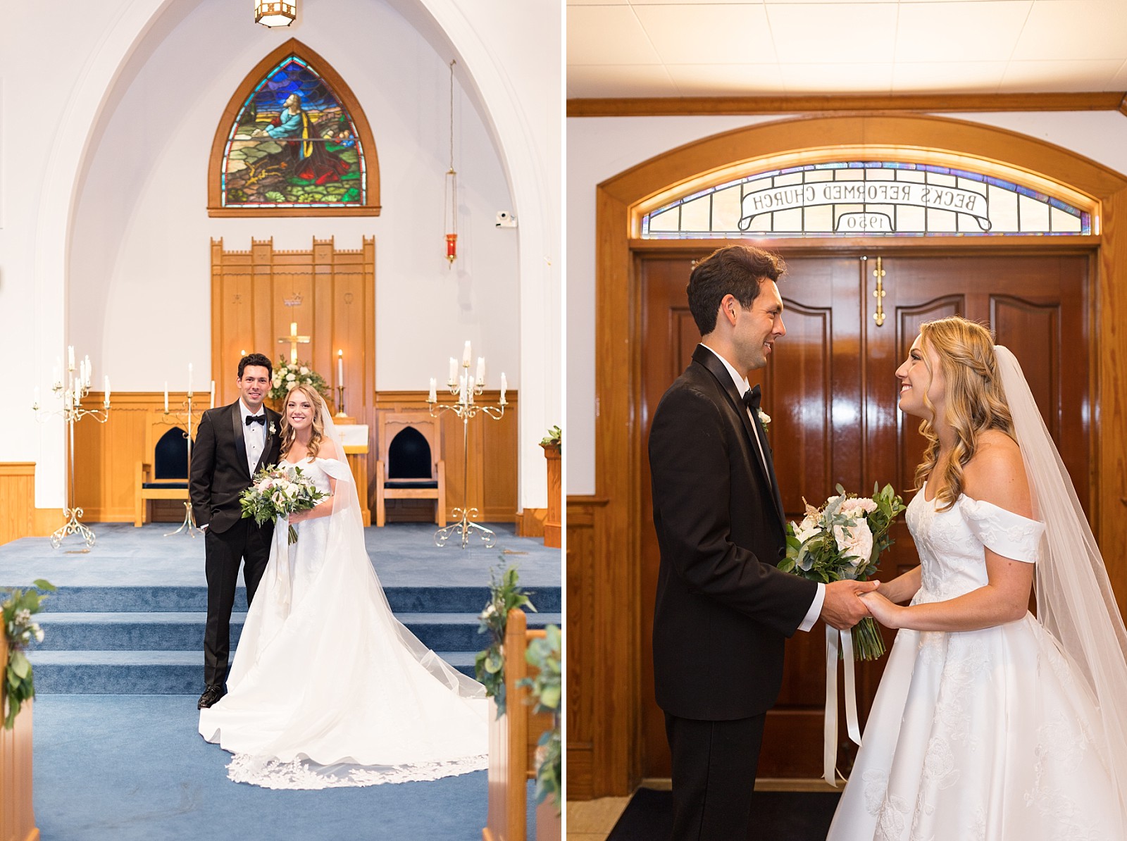 bride and groom standing in front of stained glass windows | NC Wedding Photographer 