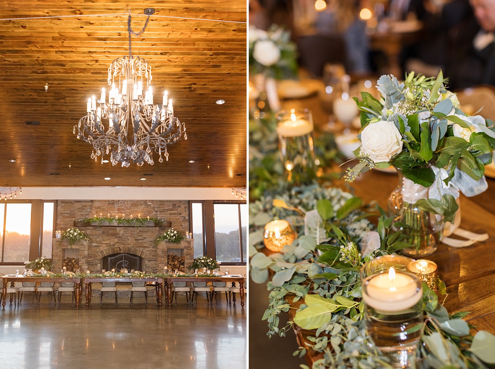 Interior chandelier and table setting | Childress Vineyards Wedding | winery wedding | charlottesville | NC Wedding Photographer 