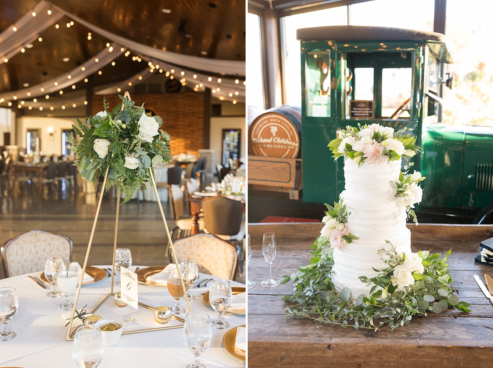 table centerpieces and wedding cake | Childress Vineyards Wedding | winery wedding | charlottesville | NC Wedding Photographer 
