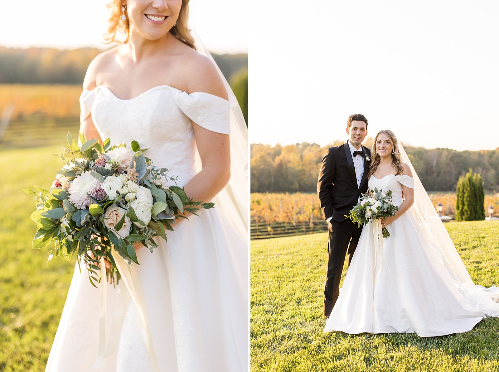 Bride holding bouquet and bride and groom outside | Childress Vineyards Wedding | winery wedding | charlottesville | NC Wedding Photographer 