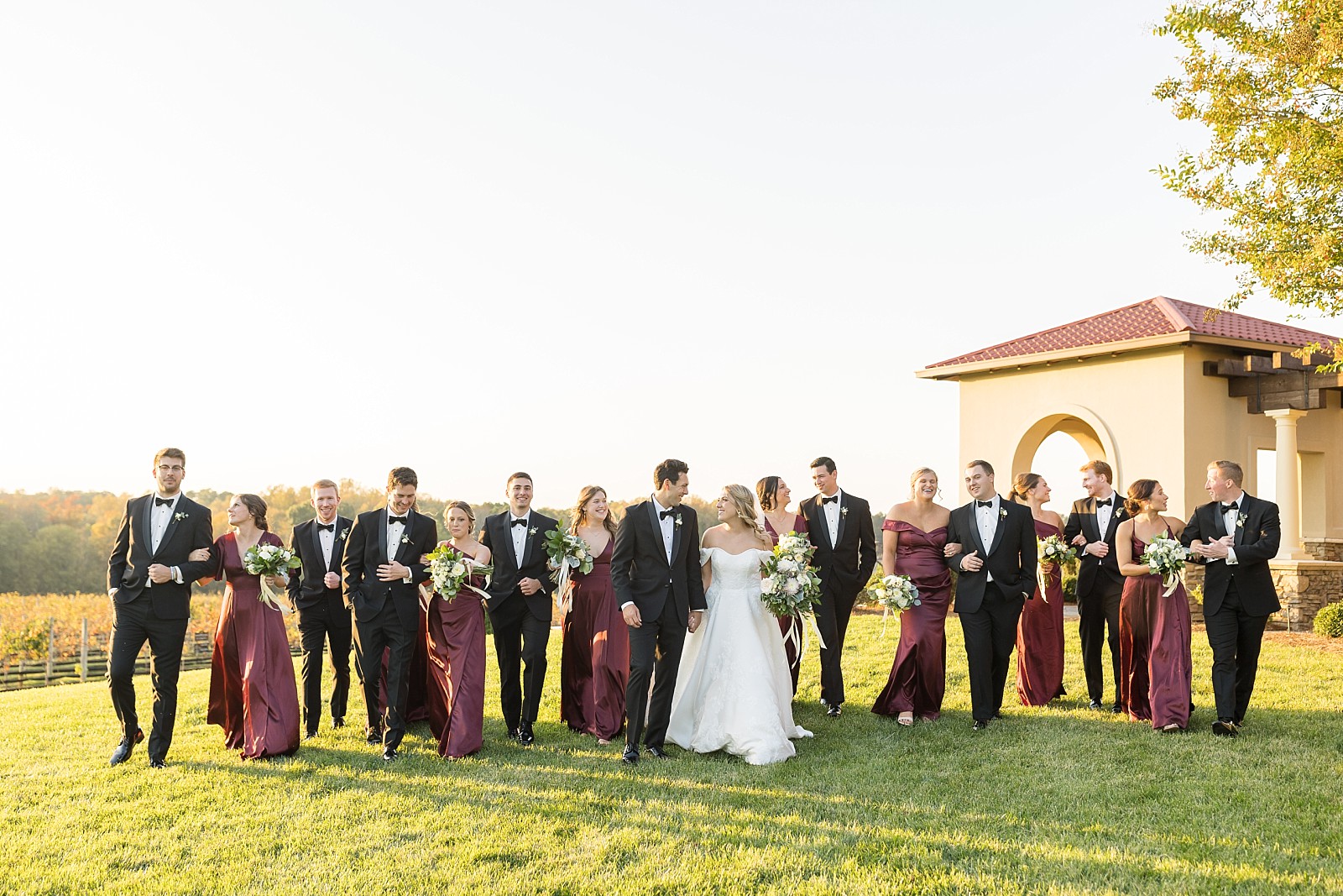 wedding party walking | Childress Vineyards Wedding | winery wedding | charlottesville | NC Wedding Photographer 