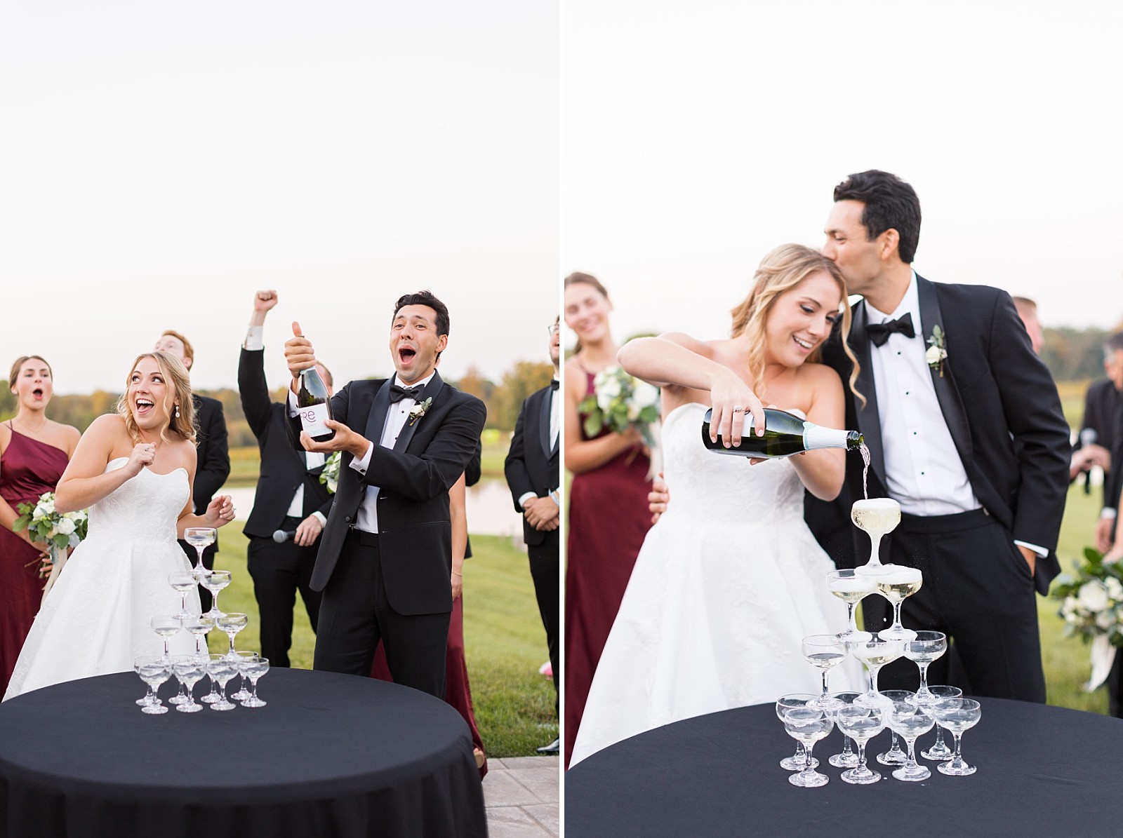groom popping champagne and bride pouring champagne | Childress Vineyards Wedding  | NC Wedding Photographer 