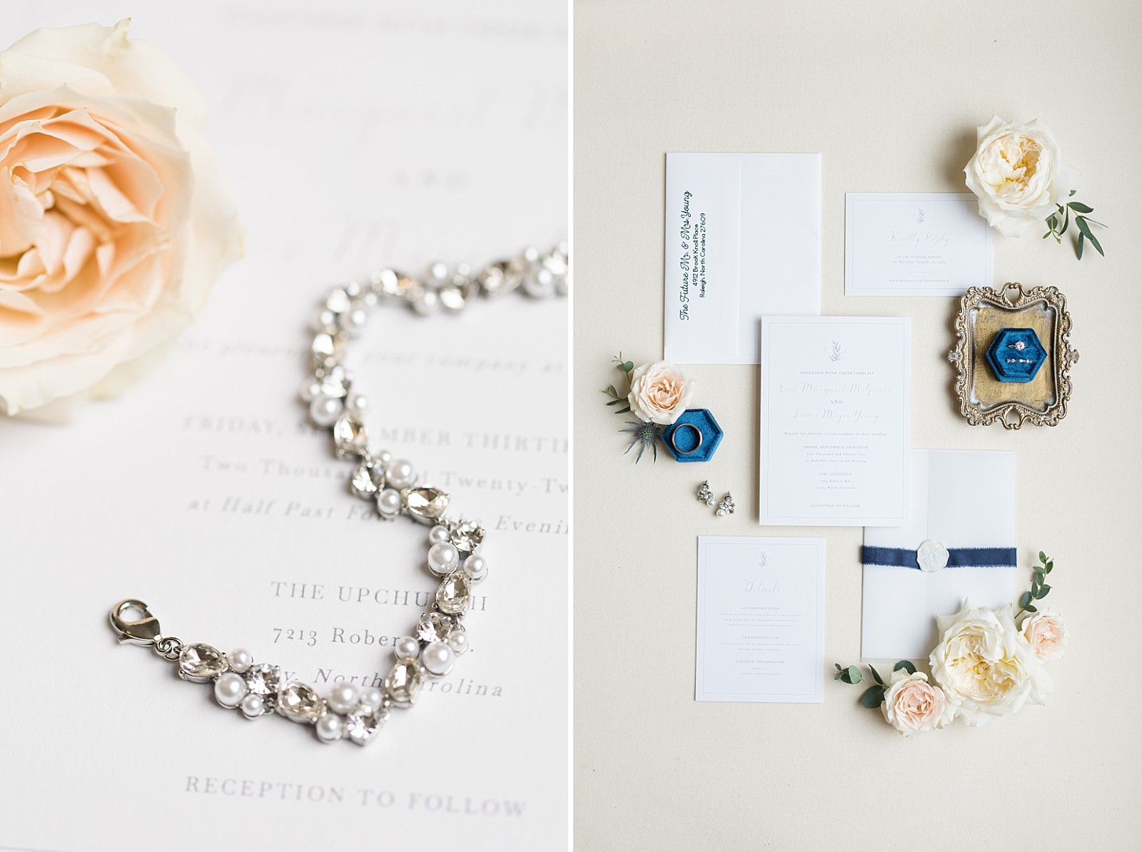 White and blue wedding invitation suite and diamond and pearl bracelet  | Raleigh NC Wedding Photography