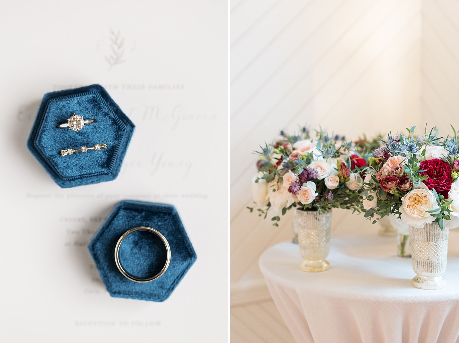 Blue velvet bring box and bridal bouquets for October wedding at The Upchurch in Cary NC | Raleigh NC Wedding Photography