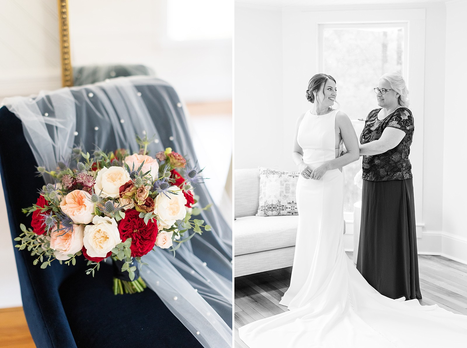 Bride's bouquet and mother of the bride zipping up the dress | The Upchurch in Cary NC | Raleigh NC Wedding Photography