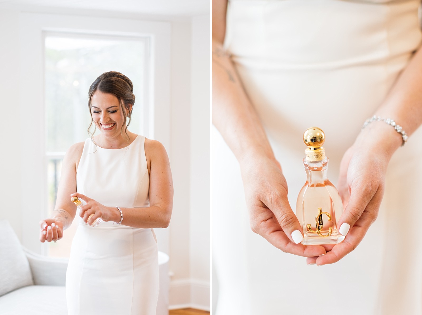 Bride putting on perfume  at fall wedding at The Upchurch in Cary NC | Raleigh NC Wedding Photography