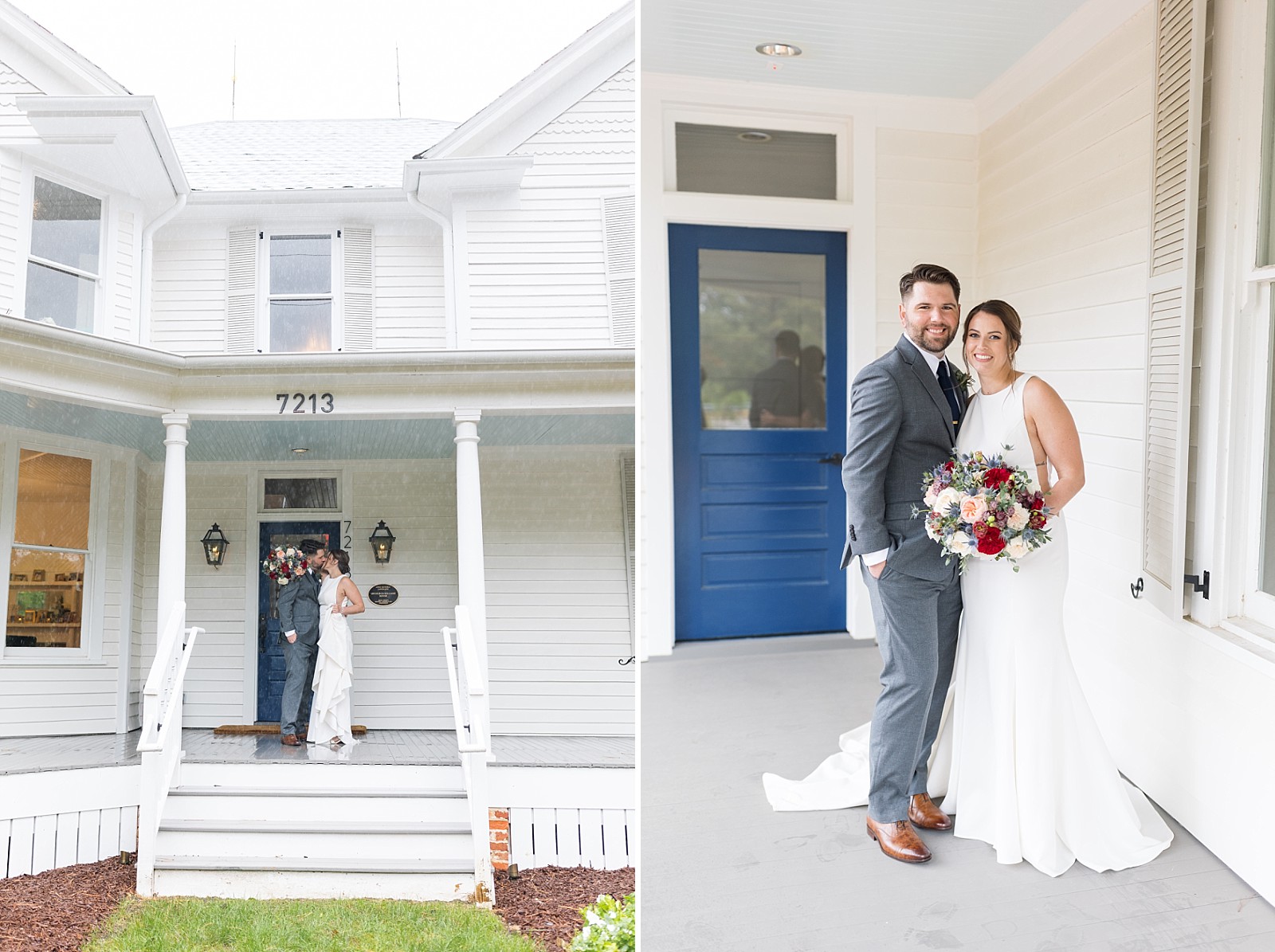 Bride and groom on The Upchurch porch in Cary NC | Raleigh NC Wedding Photography