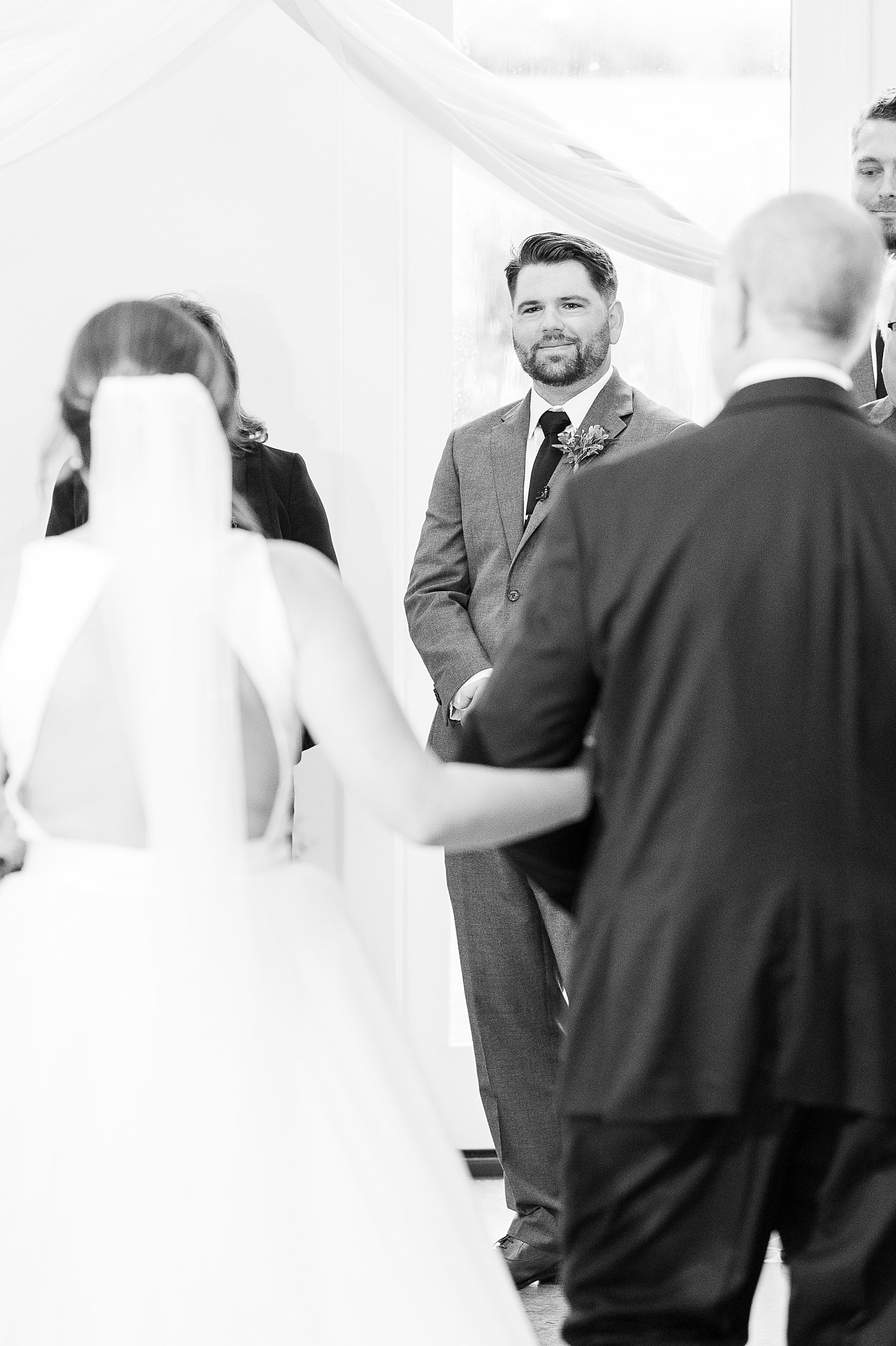 Groom looking at bride walking down the aisle The Upchurch in Cary NC | Raleigh NC Wedding Photography